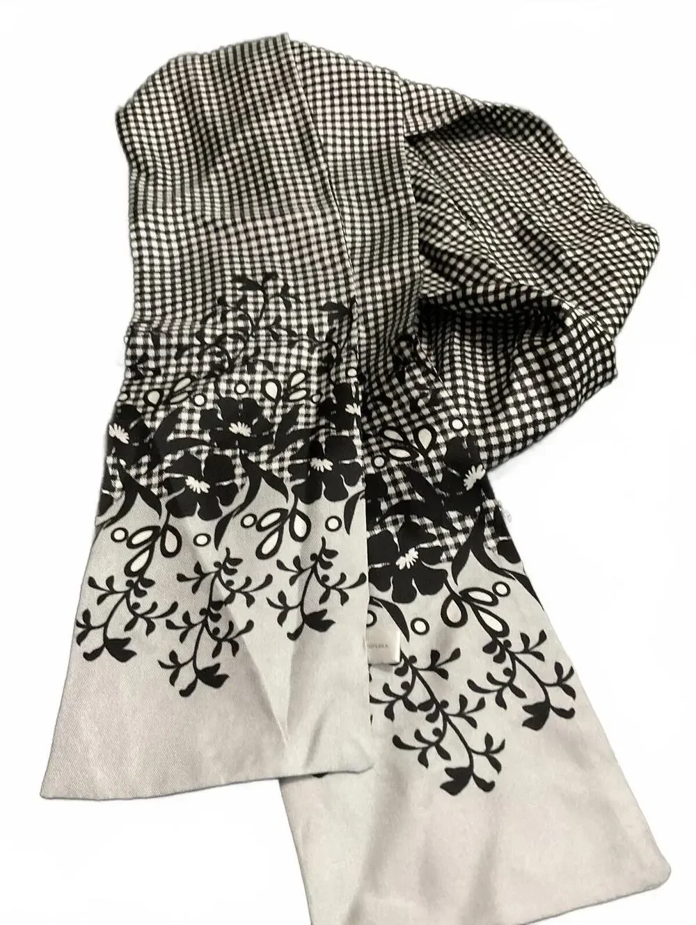 Talbots Black and White Silk Scarf with Floral and Checkered Pattern